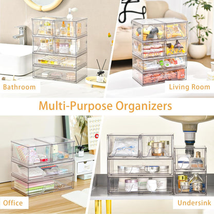Stebopum 6 Pack Stackable Makeup Organizer, 4.4'' Tall Acrylic Bathroom Makeup Organizer and Storage Drawer with Pull-out Handle, Clear Plastic Storage Bins for Vanity,Pantry,Desk,Undersink,Kitchen