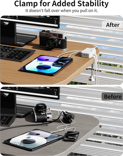 HOPOW Desk Clamp Power Strip, Desktop Mount Charging Station with 4 Outlets 4 USB Ports (2 USB C), 10Ft Under Desk Power Strip, Fits 2.75" Tabletop Edge, Extension Cord for Home Office, Black
