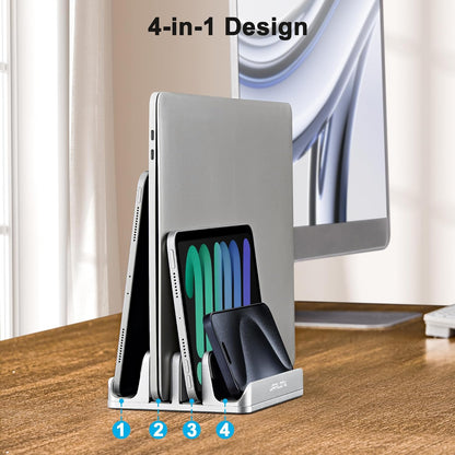 JARLINK 4-in-1 Adjustable Vertical Laptop Stand Holder, Aluminum Dual Slots Laptop Rack for Desk, Space-Saving Organizer Compatible with All MacBook, Surface, Chromebook, and Gaming Laptops (Silver)
