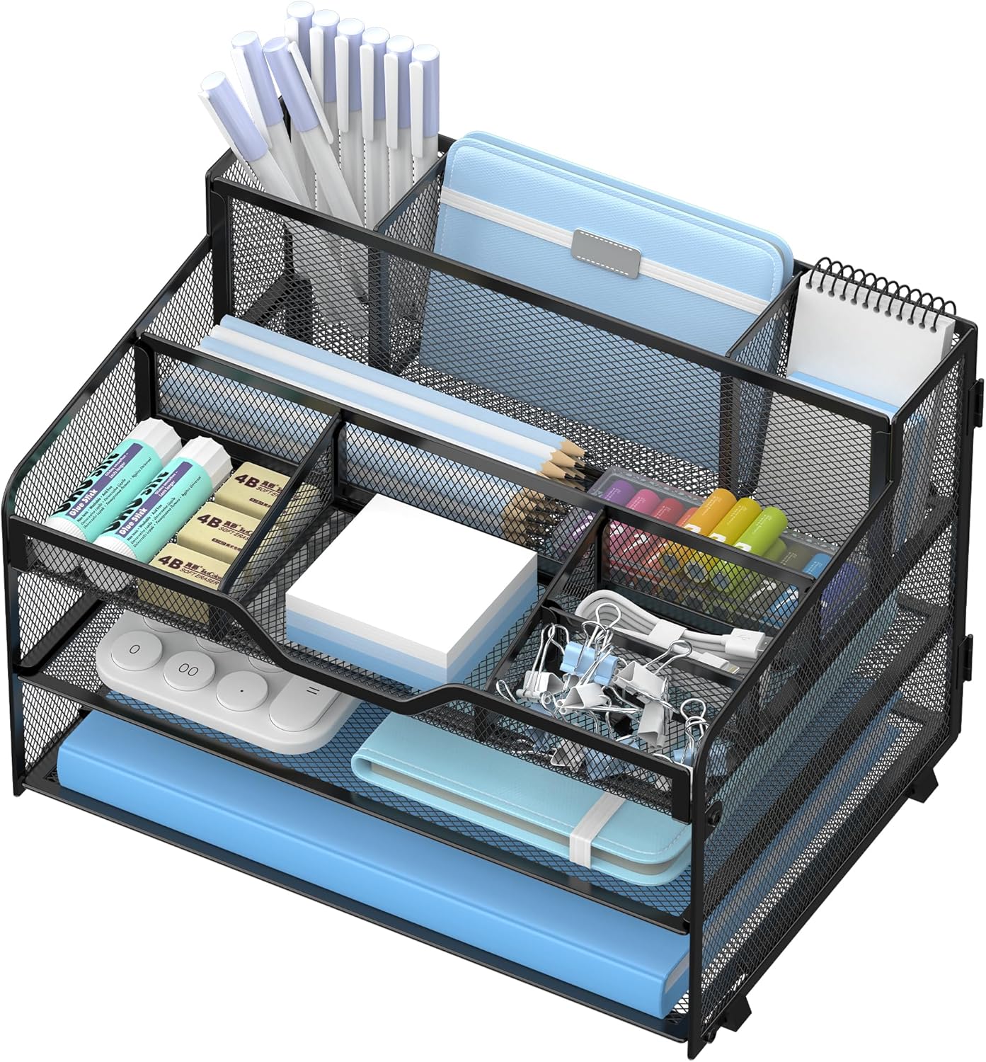 5 Tier Mesh Desk Organizer,Multi Functional Letter Paper Tray with 3 Pen Holders and 5 Adjustable Storage Compartments for Office Supplies Files and Mail Space Saving Desktop Organizer-Black