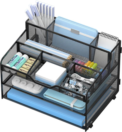 5 Tier Mesh Desk Organizer,Multi Functional Letter Paper Tray with 3 Pen Holders and 5 Adjustable Storage Compartments for Office Supplies Files and Mail Space Saving Desktop Organizer-Black
