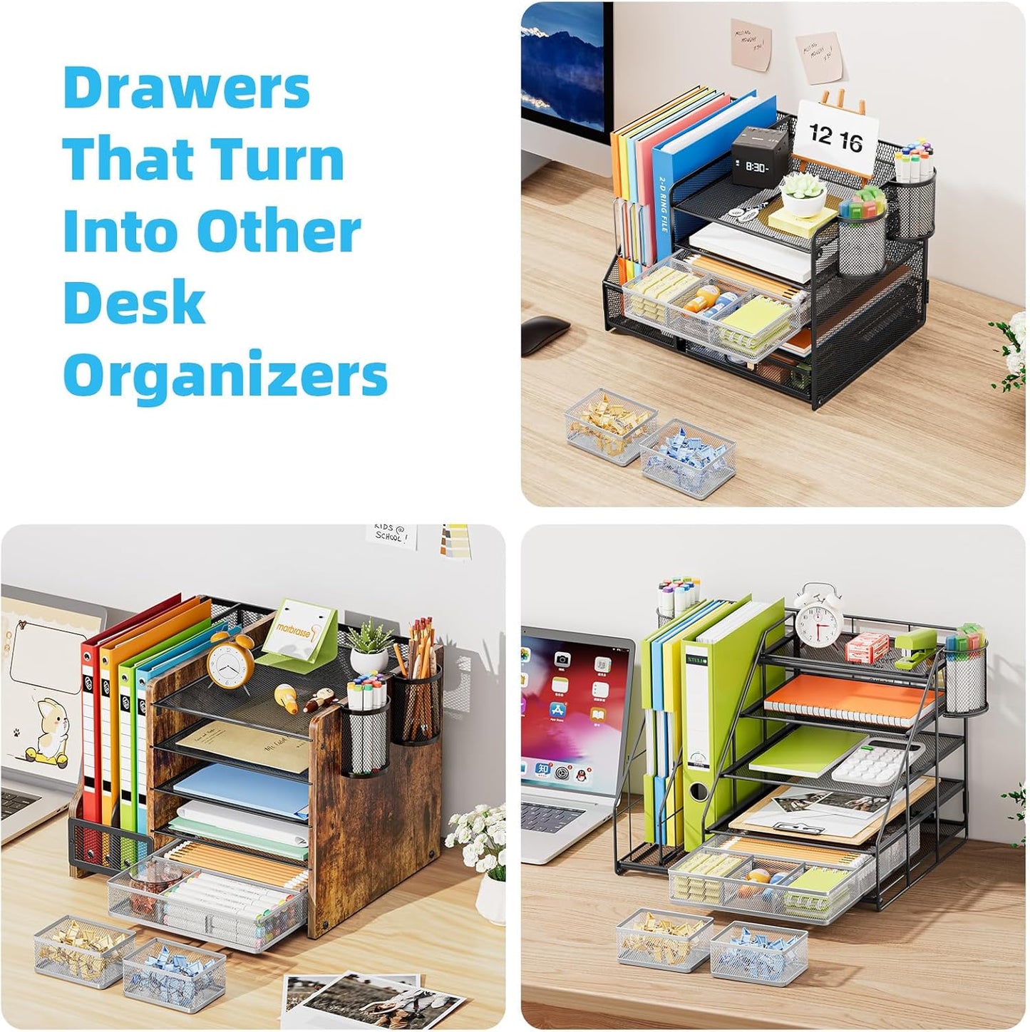 Marbrasse 3 Packs Desk Drawer Organizers, Metal Mesh Dividers Desk Drawer Organizer Tray with 9 Adjustable Compartments, Pen Organizer for Drawer Tray Box Accessories for Desktop,Kitchen, Makeup