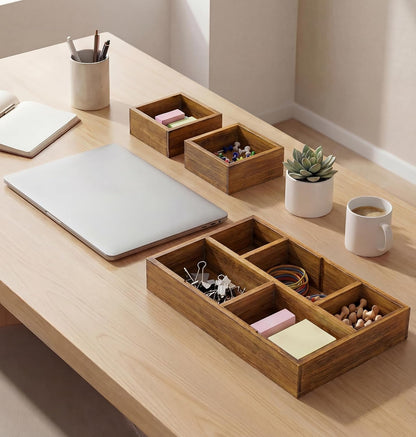 KOCWELL Bamboo Desk Drawer Organizer with Removable Dividers,Multi-Use Office Drawer Organizer Tray,Junk Drawer Organizers for Office,School,Kitchen,Makeup Supply（Original）