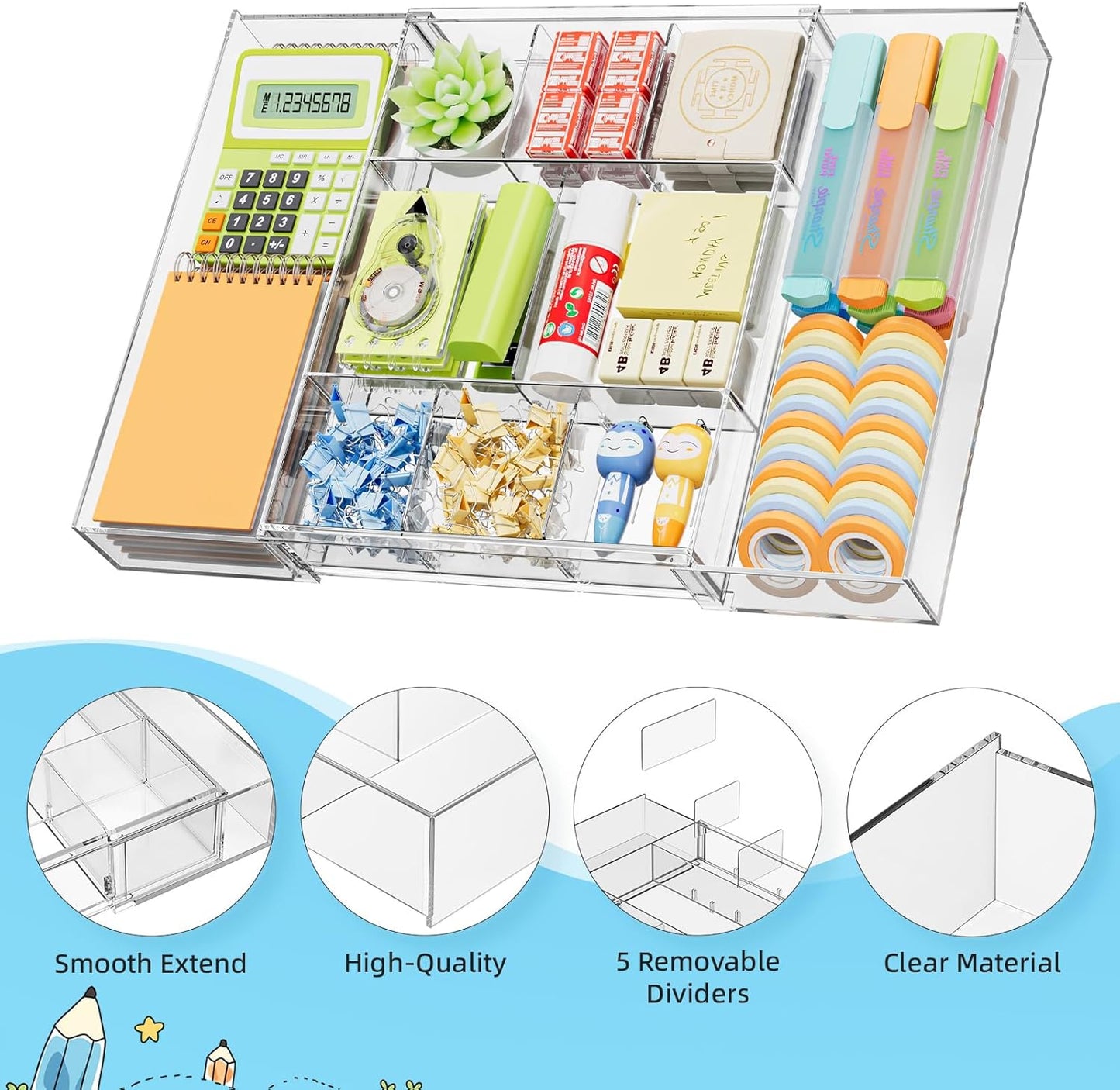 Marbrasse Expandable Desk Drawer Organizer, Clear Plastic Drawer Organizer Tray with 10 Adjustable Compartments, Desk Organizers and Accessories, 5 Drawer Dividers for Office Supplies, Makeup(Black)