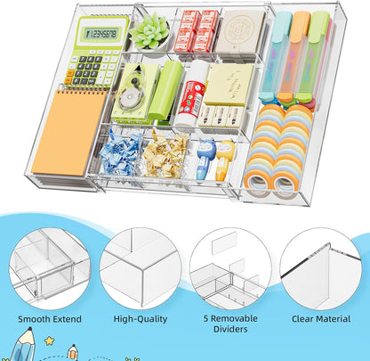 Marbrasse Expandable Desk Drawer Organizer, Clear Plastic Drawer Organizer Tray with 10 Adjustable Compartments, Desk Organizers and Accessories, 5 Drawer Dividers for Office Supplies, Makeup(Black)