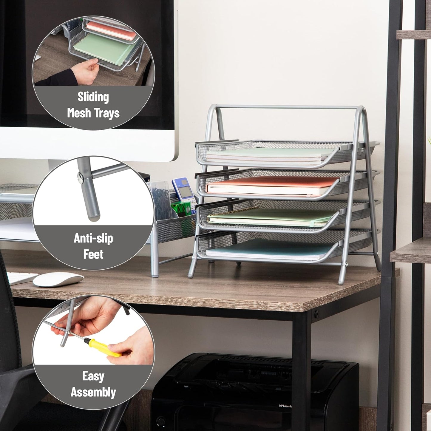 Mind Reader 4-Tier Paper Tray, Desktop Organizer, File Storage, Workspace, Office, Metal Mesh, 12"L x 13.75"W x 12.5"H, Black