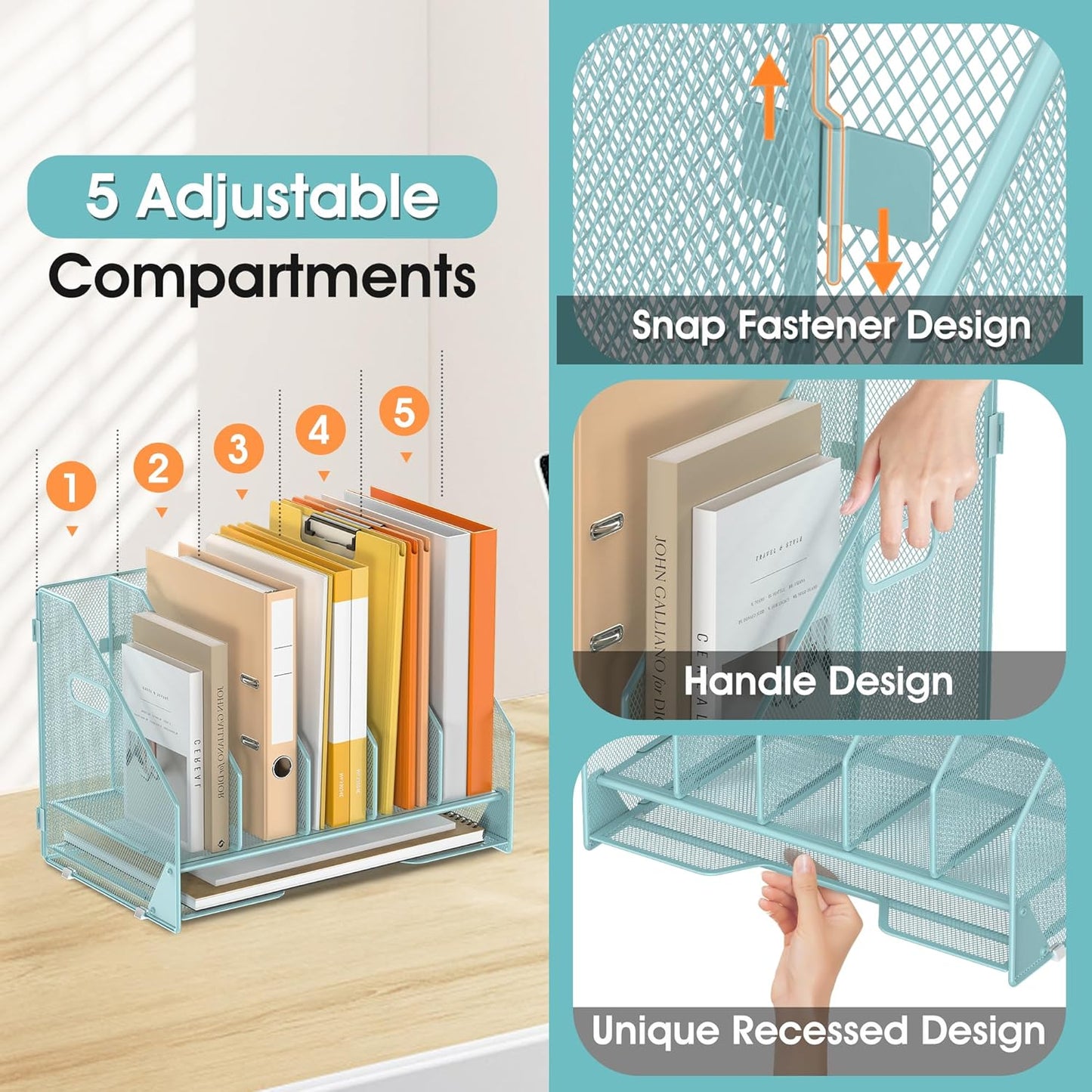 Desk File Folder Holder Organizer-5 Vertical Compartments Racks and Paper Letter Tray,Mesh Magazine File Holder Sorter,Desktop Accessories & Workspace Organizers for Home,Office,School-Black