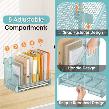 Desk File Folder Holder Organizer-5 Vertical Compartments Racks and Paper Letter Tray,Mesh Magazine File Holder Sorter,Desktop Accessories & Workspace Organizers for Home,Office,School-Black