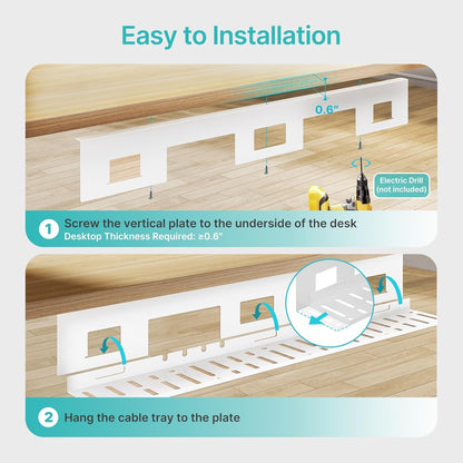 PEGZONE Under Desk Cable Management Tray, 31.5 Inches Metal Cord Organizer Rack, Desk Tray for Power Strip, Cord, Wire, Easy Mounting Cable Management Under Table for Home Office, Black