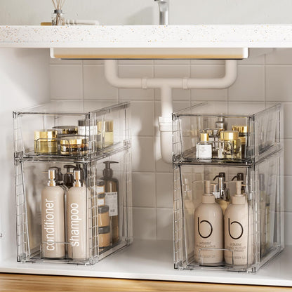 Vtopmart 4 Pack Stackable Storage Drawers,Clear Acrylic Drawer Organizers with Handles, Easily Assemble for Fridge, Bathroom,Kitchen Undersink,Cabinet,Pantry Organization and Storage