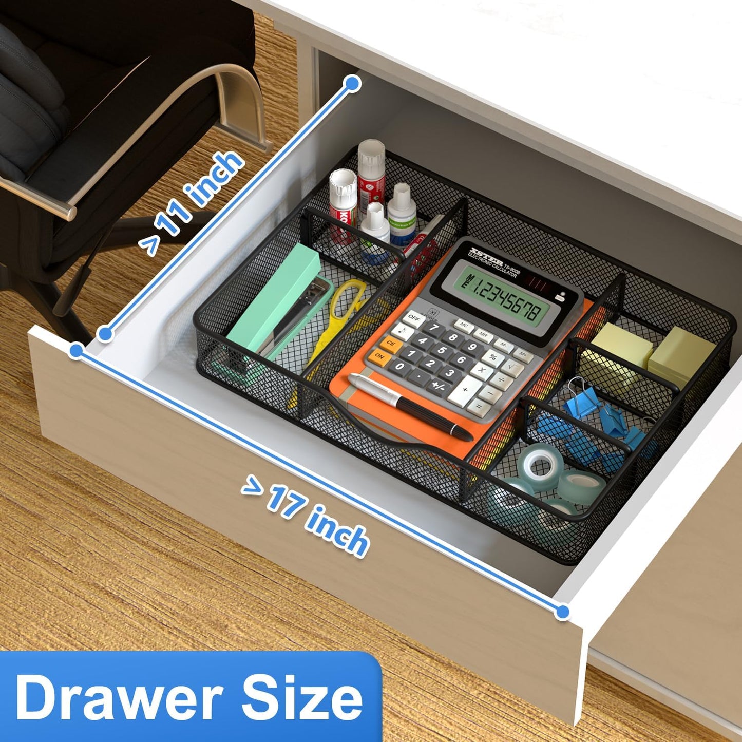 VyGrow Desk Drawer Organizer Tray, Metal Mesh Drawer Organizers Office, 6 Adjustable Compartment, Desk Organizer Tray for Home Office 12.87L x 8.73D x 1.96H inch, Black, 1PC Medium