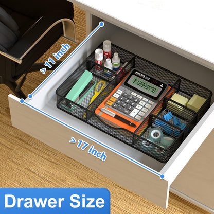 VyGrow Desk Drawer Organizer Tray, Metal Mesh Drawer Organizers Office, 6 Adjustable Compartment, Desk Organizer Tray for Home Office 12.87L x 8.73D x 1.96H inch, Black, 1PC Medium