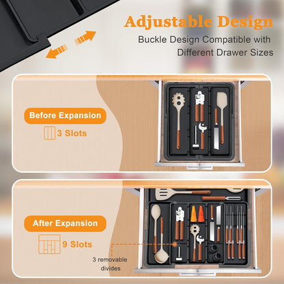 Homecor Large Utensil Organizer for Kitchen Drawer, Expandable Silverware Drawer Organizer Cooking Tray, Cutlery and Flatware Utensil Holder Kitchen Spatula Tools Storage with 3 Dividers, Grey