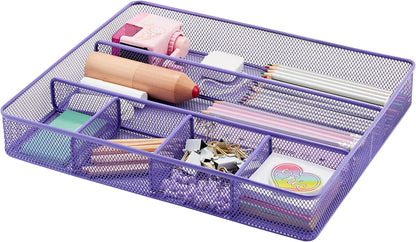 Annova Desk Drawer Organizer Tray for Office Organization - Metal Mesh - Storage Tray with Dividers for Pens, Desktop Accessories, Bathroom, Kitchen, Makeup and Office Supplies (Small, Gold)