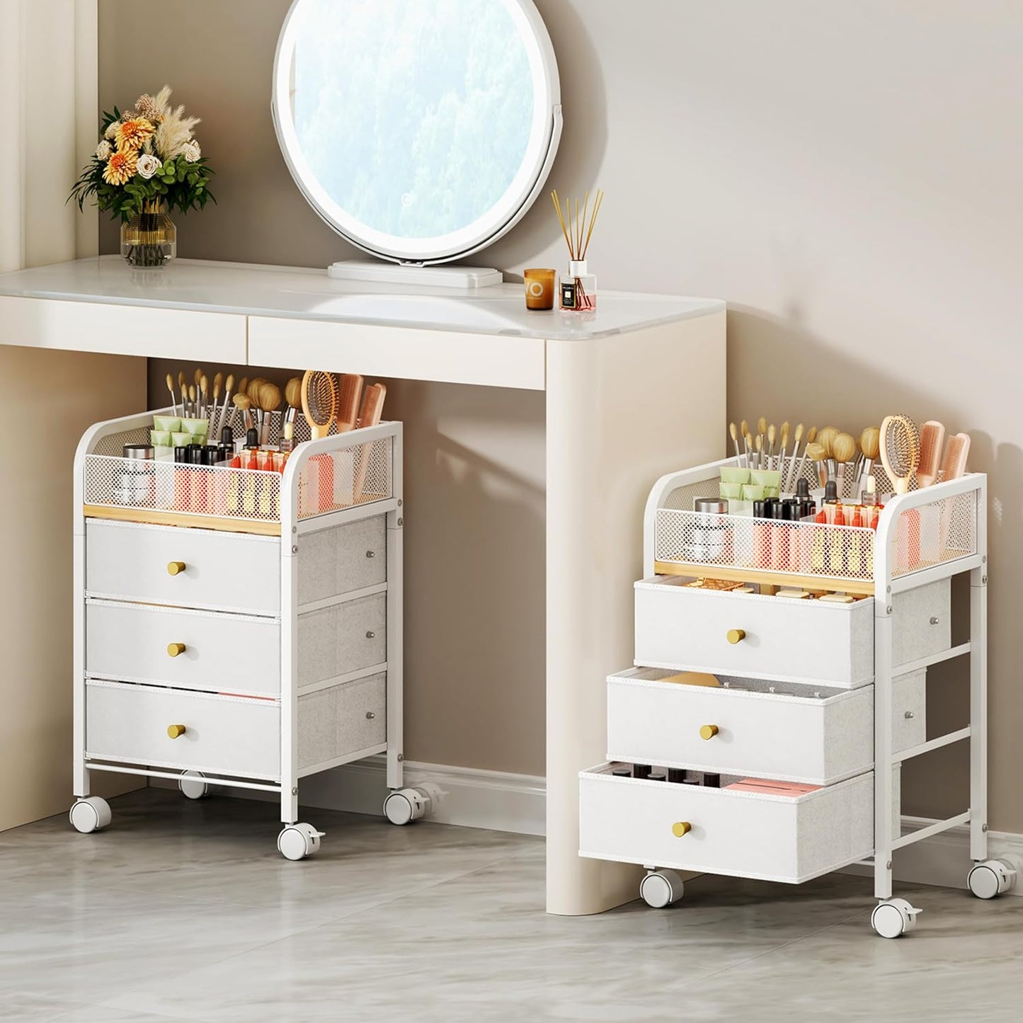 SWTYMIKI Rolling Makeup Organizer Cart - Under Desk Vanity Makeup Storage with 3 Non-woven Drawers, Nail Cart Organizer Cosmetic Display Cases Cabinet for Skin Care Perfume Nail Polish Brush Hair Tool