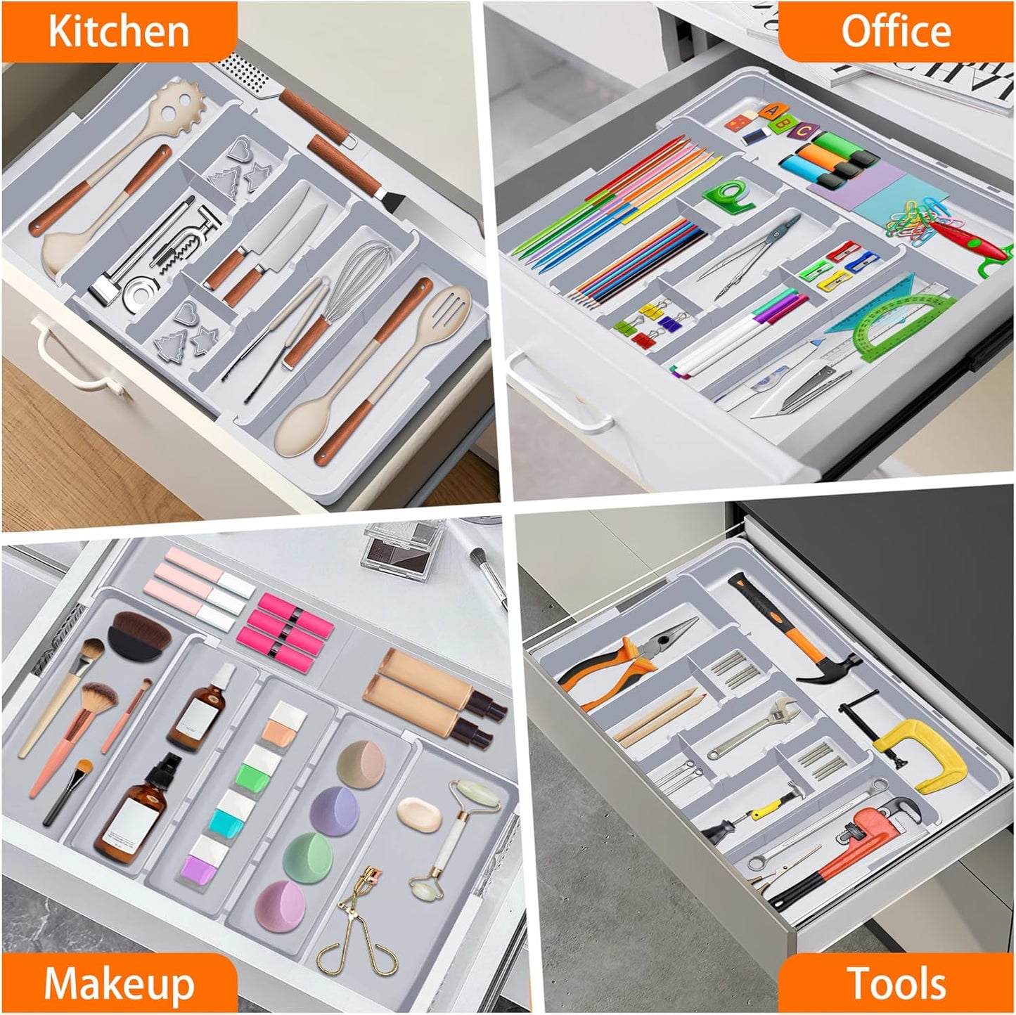 Spaclear Large Utensil Drawer Organizer Expandable Silverware Organizer for Kitchen Drawer Adjustable Cooking Utensil Holder Cutlery Flatware Tray Spatula Tools Gadgets Storage Dividers Plastic Black