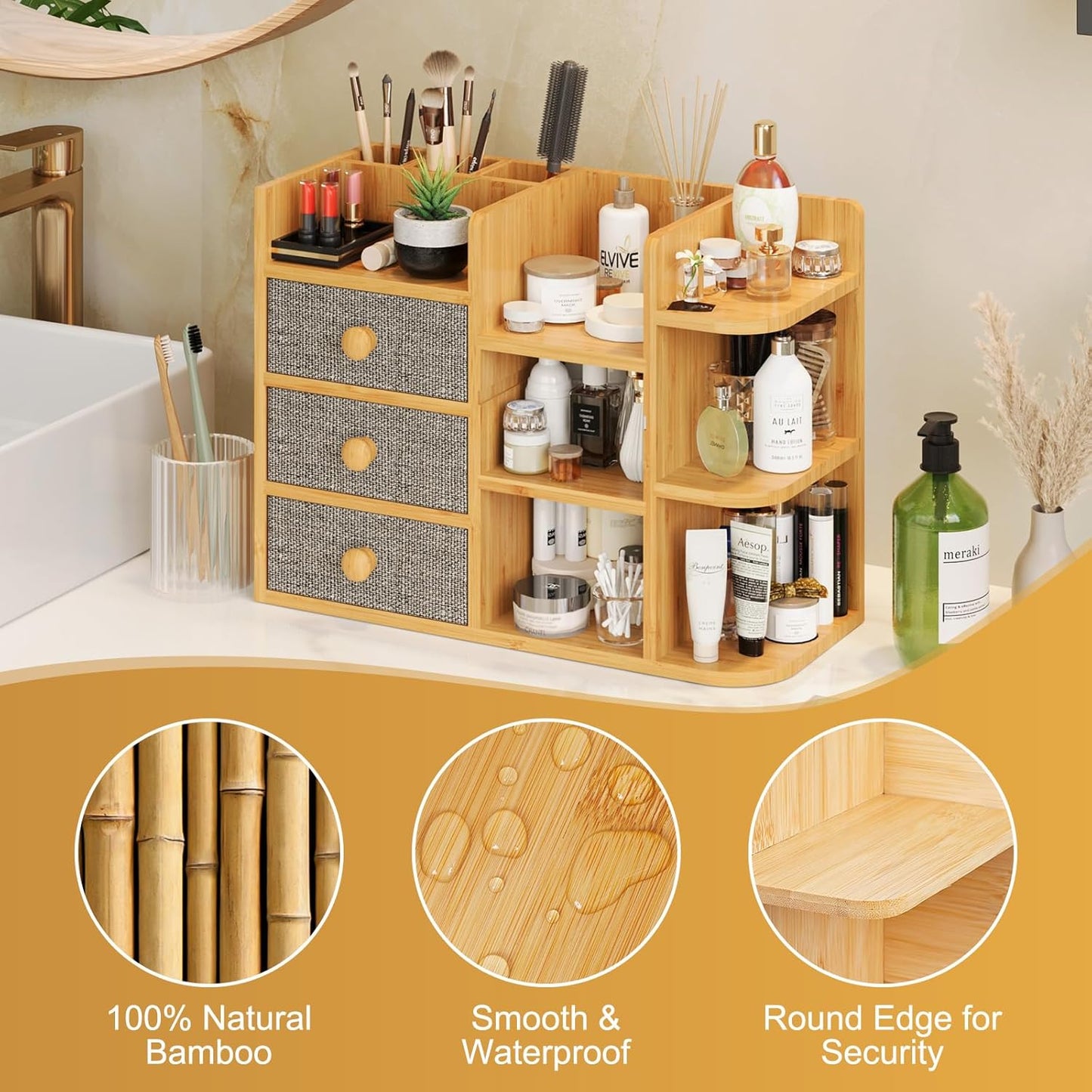 Large Makeup Organizer For Vanity, Large Capacity 3 Tiers Bamboo Bathroom Counter Organizers and Storage, Countertop Makeup Brush Holder, Nail Polish Perfume Stand with 3 Drawers and 10 Compartments