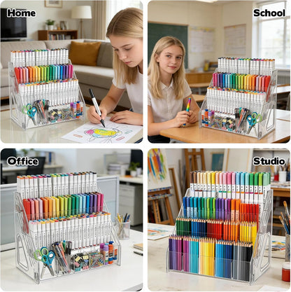 2 Pack Acrylic Desk Organizer, 4 Tier 20 Compartments Vertical Storage for Pens Art Supplies Home Classroom Back to School Office School Office Desk Desktop Stationery Pencil Storage