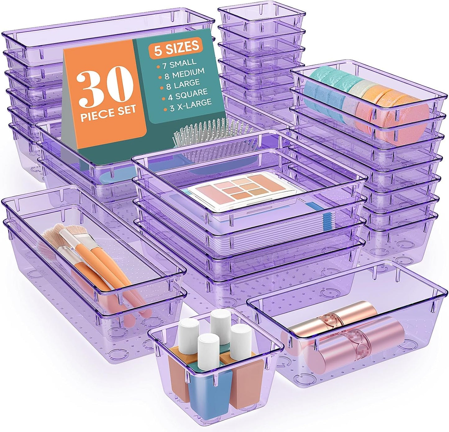 WOWBOX 30 PCS Clear Plastic Drawer Organizer Set, 5 Sizes Desk Drawer Divider Organizers and Storage Bins for Makeup, Jewelry, Gadgets for Kitchen, Bedroom, Bathroom, Office, Black