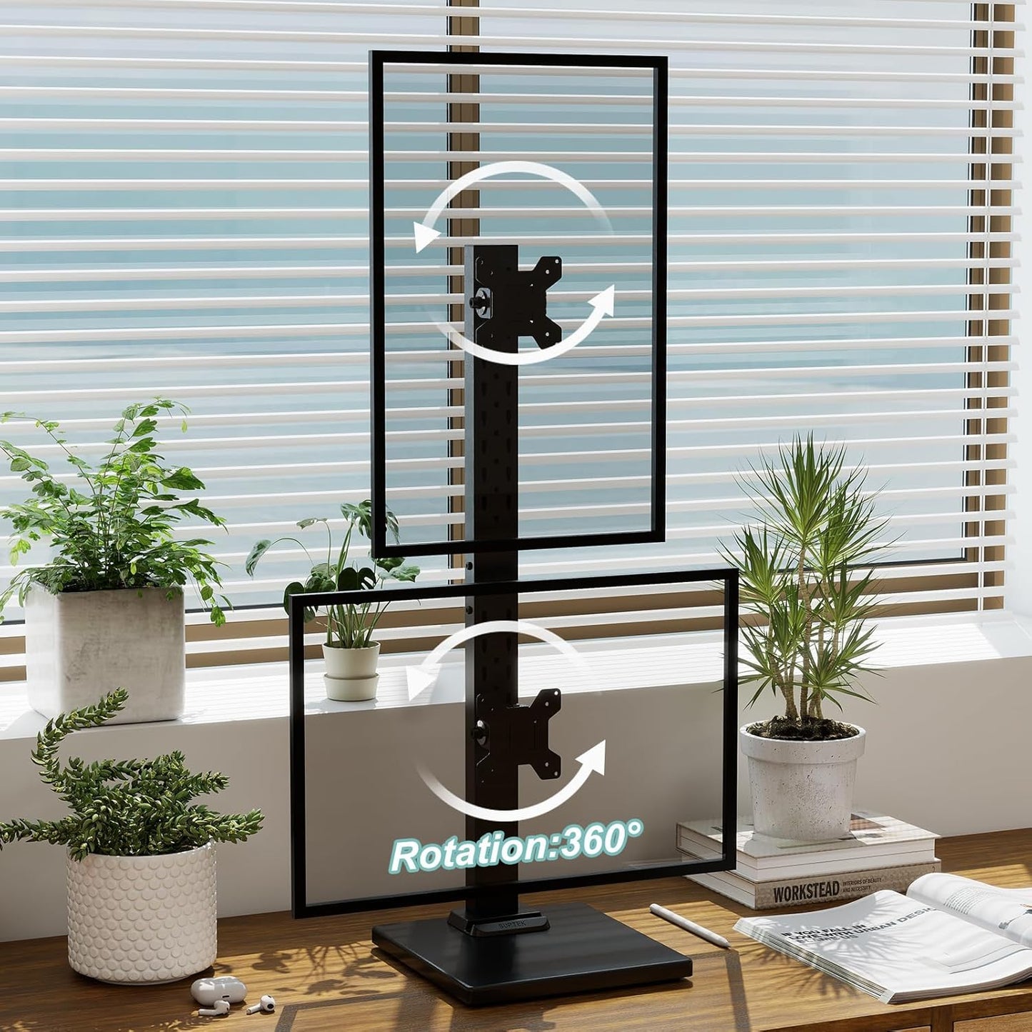 Suptek Single LCD Computer Monitor Free-Standing Desk Stand Mount Riser for 13 Inch to 43 Inch Screen with Swivel, Height Adjustable, Rotation, 50, 75, 100mm VESA Base Stand, Black