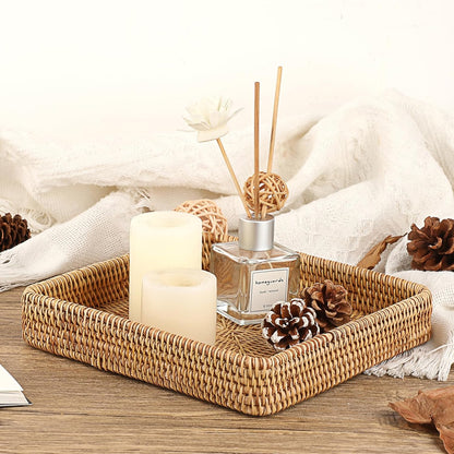 Hipiwe Key Basket Tray for Entryway Table Rattan Serving Tray Handwoven Wicker Baskets Vanity Trays Square Decorative Fruit Trays for Kitchen Counter Bedside Living Room Bathroom, 8.1"
