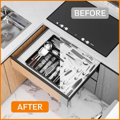 Yieach Clear Expandable Silverware Drawer Organizer - Adjust From 11'' to 22'' - Knife,Cutlery,Spoons and Forks Organizer,Large 8 Grid Flatware,Silverware Tray,Utensil Organizer for Kitchen Drawers