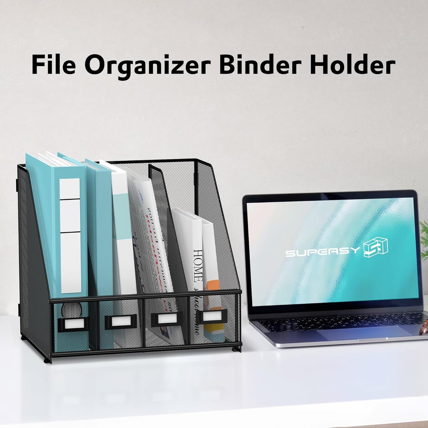 SUPEASY Magazine File Holder, Binder Holder Metal Desk Organizer with 4 Rack Compartments, File Organizer for Office Home School, Black
