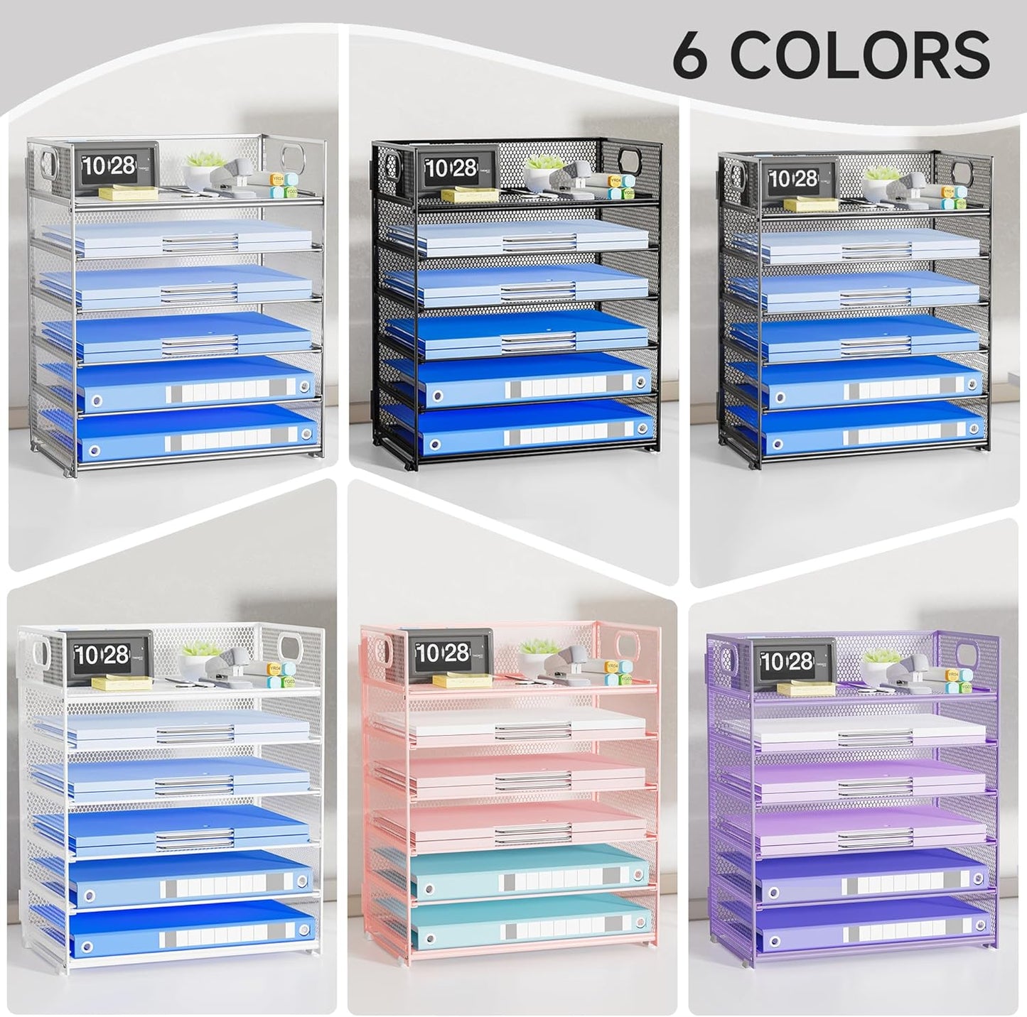 Paper Organizer Letter Tray with Handle, 5-Tier Black Stackable Desk Organizer with Metal Mesh, Sturdy Paper Tray for Office Desk, Home & Classroom Supplies Storage