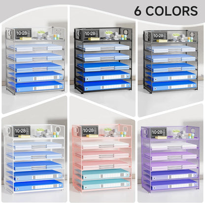 Paper Organizer Letter Tray with Handle, 5-Tier Black Stackable Desk Organizer with Metal Mesh, Sturdy Paper Tray for Office Desk, Home & Classroom Supplies Storage