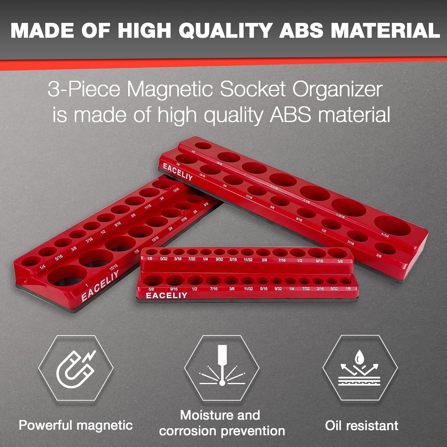 EACELIY 6-Piece Magnetic Socket Organizer Set, 1/2", 1/4" and 3/8" SAE & Metric Deep & Shallow Socket Holder Kit, holds 141 stanard Sockets, attaches to steel box/tool cart (sockets not included)