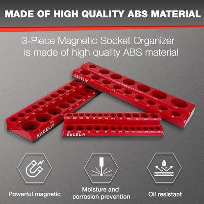 EACELIY 6-Piece Magnetic Socket Organizer Set, 1/2", 1/4" and 3/8" SAE & Metric Deep & Shallow Socket Holder Kit, holds 141 stanard Sockets, attaches to steel box/tool cart (sockets not included)