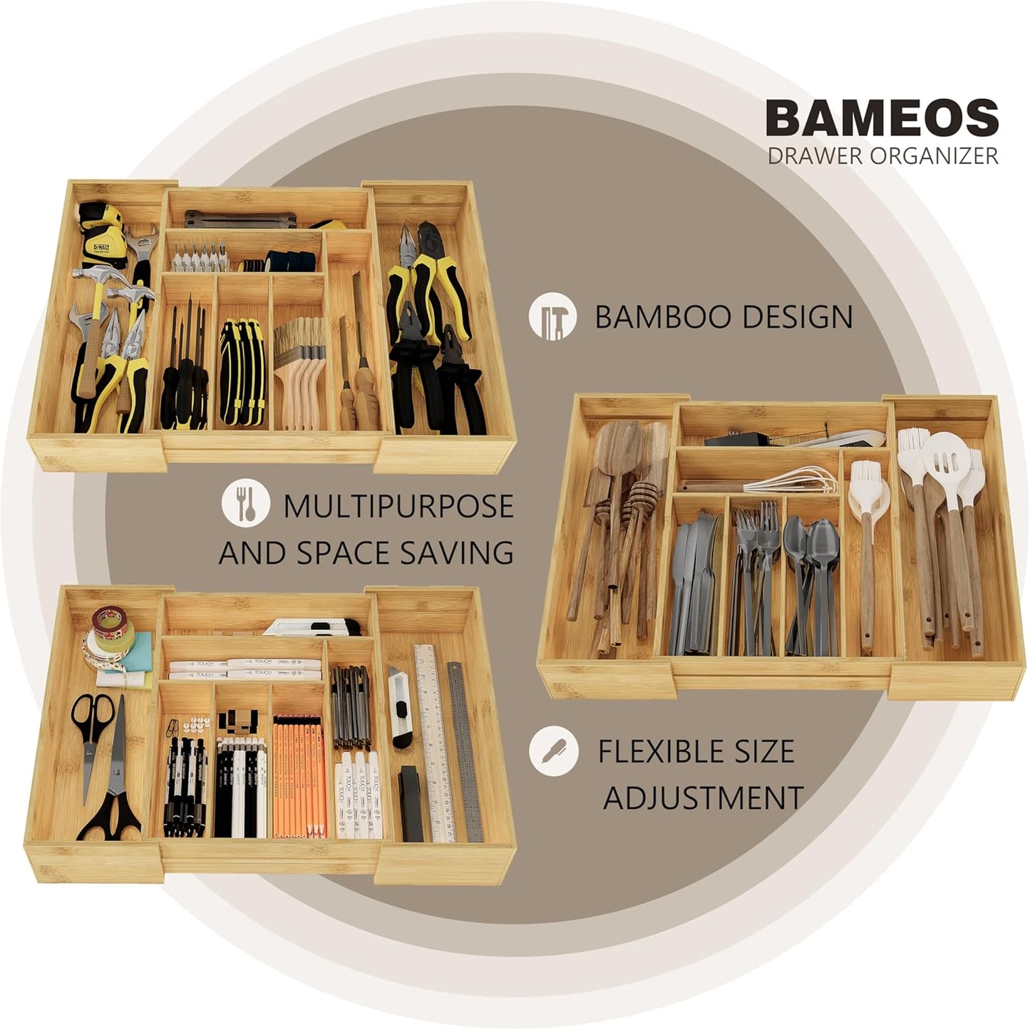 BAMEOS drawer organizer flatware organizer cutlery tray silverware organizer expandable adjustable bamboo drawer organizer kitchen bathroom