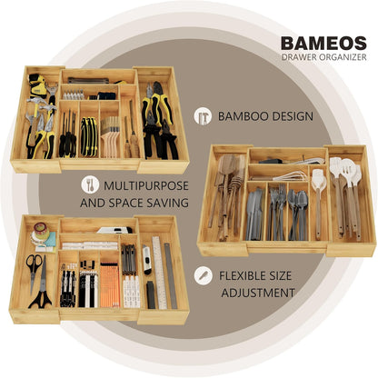 BAMEOS drawer organizer flatware organizer cutlery tray silverware organizer expandable adjustable bamboo drawer organizer kitchen bathroom