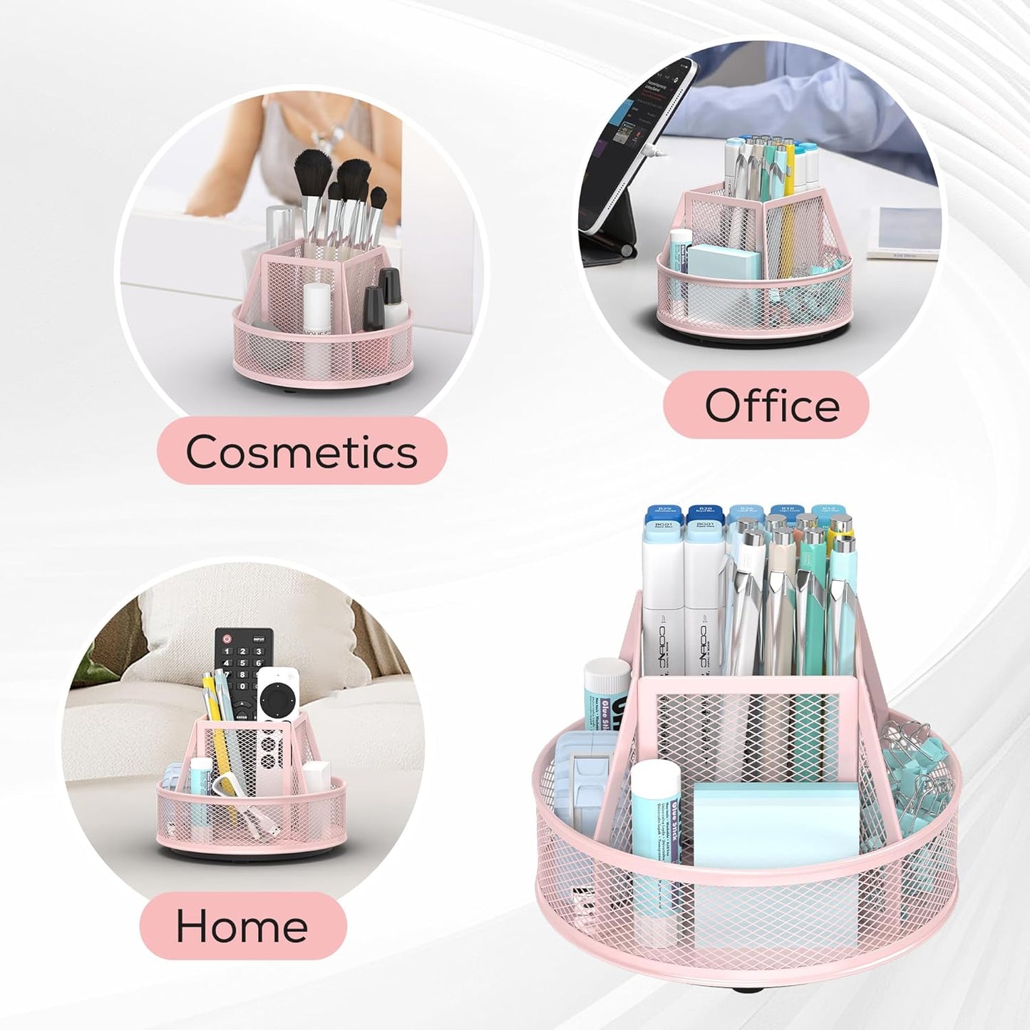 YINGHUA Metal Mesh Desk Organizer with 5 Compartments and Rotating Pencil Holder Pen and Stationery Organizer for Office Home School Anti Slip Base Blue