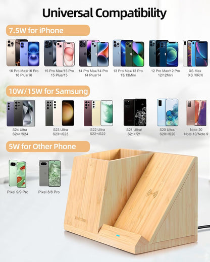 Bamboo Pen Holder with Wireless Charger, Desk Organizer with 5 Compartments for Home Office Supplies Compatible with iPhone & Samsung Series