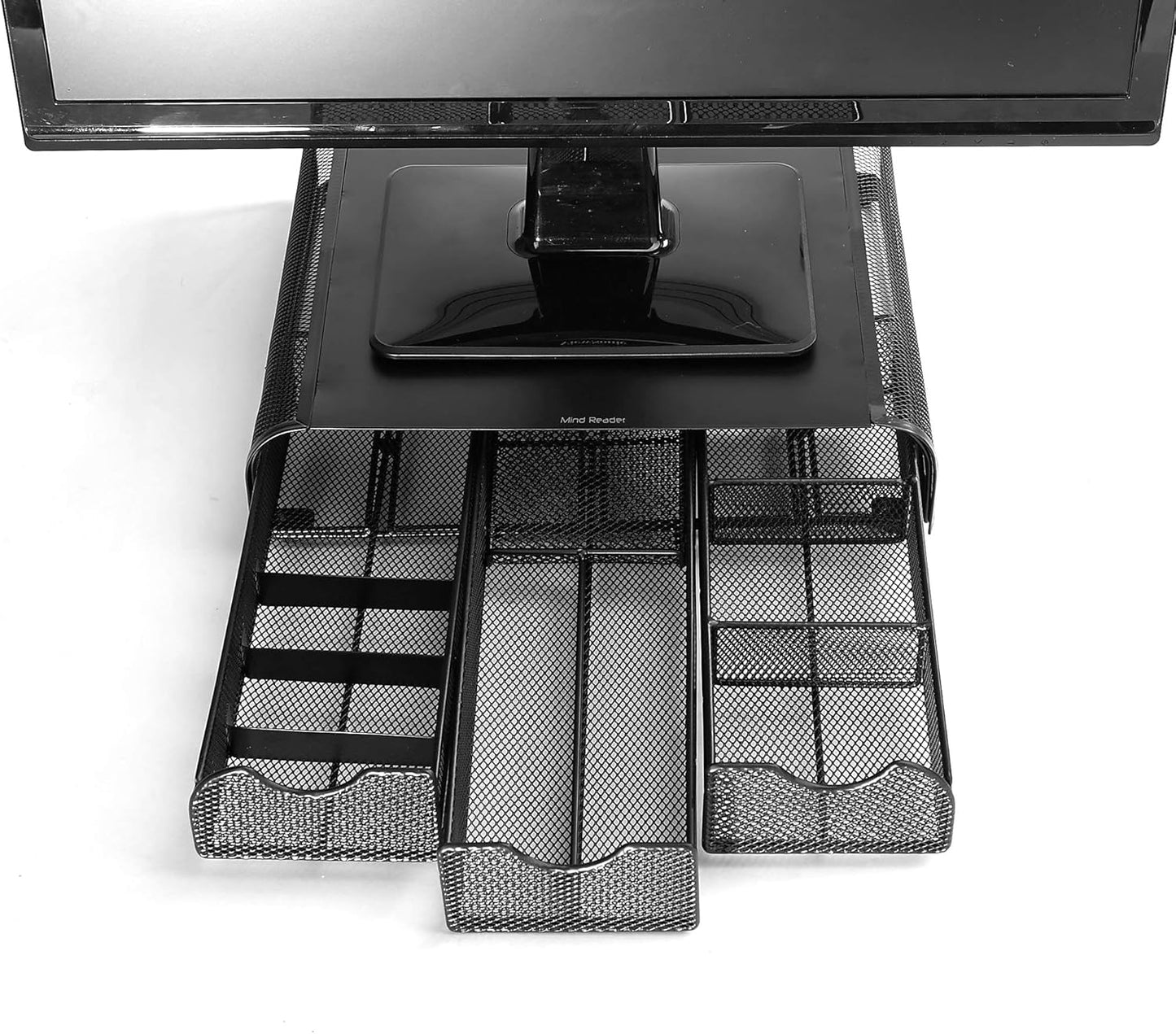 Mind Reader Monitor Stand, Ventilated Laptop Riser, Desktop Organizer, Storage, Metal Mesh, 13.25"L x 12.5"W x 3"H, Black