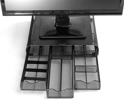 Mind Reader Monitor Stand, Ventilated Laptop Riser, Desktop Organizer, Storage, Metal Mesh, 13.25"L x 12.5"W x 3"H, Black