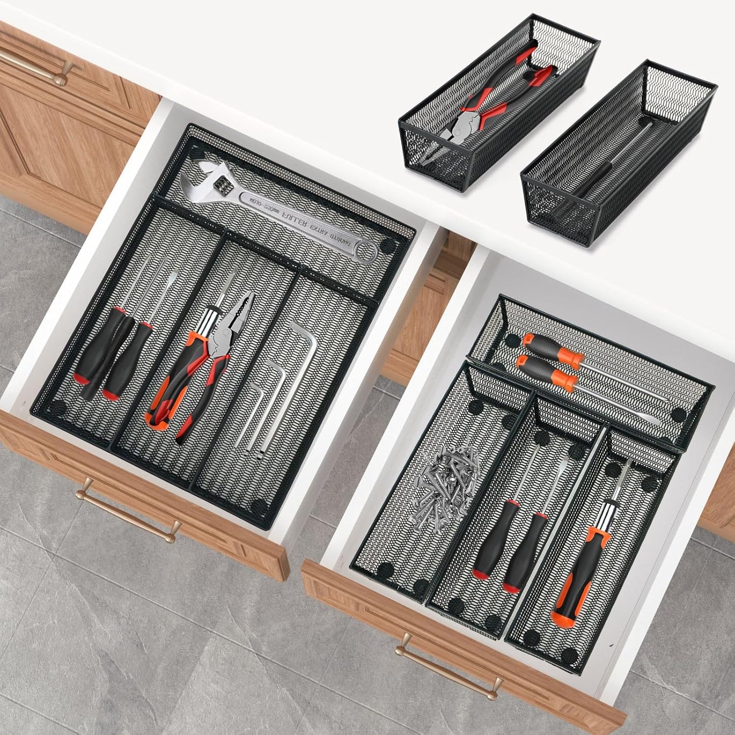 Neudeco Drawer Organizer Set 6 Pack - 5-Compartment Silverware Organizer Tray + 5 Utensil Trays, Kitchen Drawer Organizer for Flatware, Cutlery, Office Supplies, Black Mesh, Non-Slip.