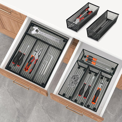 Neudeco Drawer Organizer Set 6 Pack - 5-Compartment Silverware Organizer Tray + 5 Utensil Trays, Kitchen Drawer Organizer for Flatware, Cutlery, Office Supplies, Black Mesh, Non-Slip.