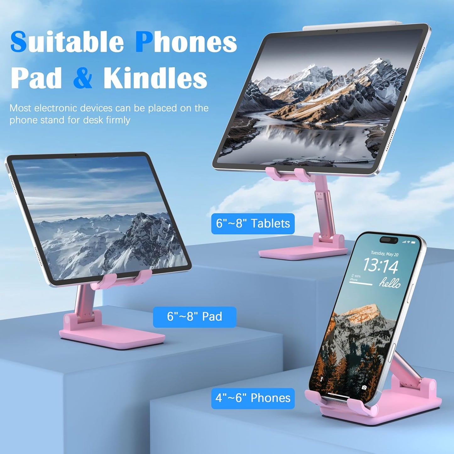 Cell Phone Stand, Adjustable Angle and Height Cell Phone Holder for Desk, Foldable and Portable, Anti-Slip Silicone Pad, Compatible with All Mobile Phones and 4-8 Inch Devices, Pink