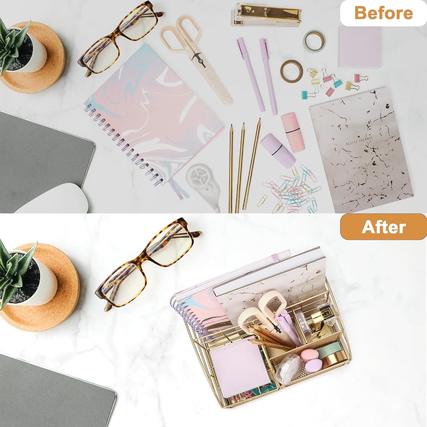 Exerz Desk Organizer Golden Office Desk Accessories Supplies Office Storage Desktop Pencil Pen Holder with Drawer Home Workspace