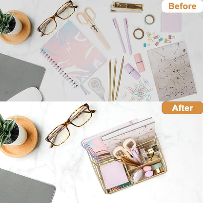 Exerz Desk Organizer Golden Office Desk Accessories Supplies Office Storage Desktop Pencil Pen Holder with Drawer Home Workspace