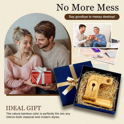 4 in 1 Bamboo Nightstand Organizer, Wood Phone Docking Station, Phone Charger Stand for iPhone 12-18 Series & Android, Desktop Organizer for iWatch & Airpods, Gifts for Men, Dad, Anniversary