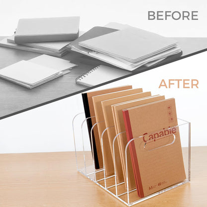 Clear Acrylic Organizers - 5 Vertical Compartments Acrylic Folder Organizer & File Organizer, Desk Document Storage Bins for Magazines, Binders - Multipurpose Home Office Desk Organizer