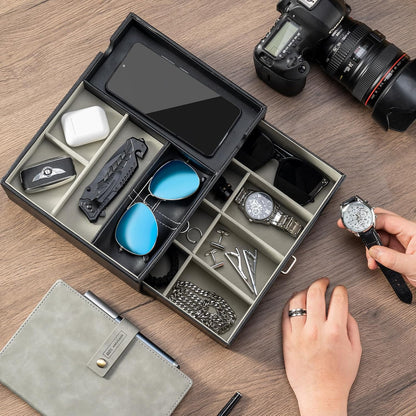 ProCase 2 Layers Valet Tray Gift for Men, Nightstand Organizer EDC Dump Catchall Trays with Phone Charging Station, Dresser Top Table Beside Entryway Storage Box -Black