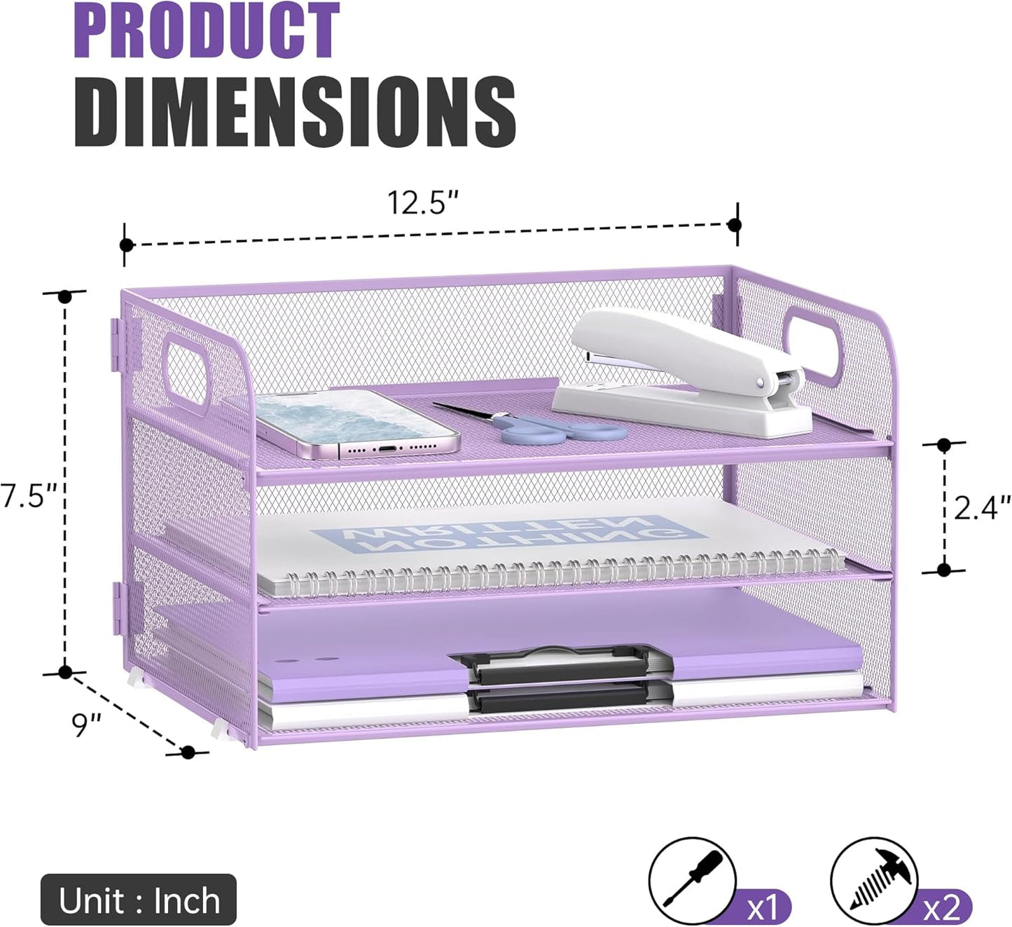 DALTACK 3 Tier Paper Organizer with Handle, Mesh Metal Desk Organizer with Sliding Paper Trays for Letter/A4 Paper, Mail, Bills & Folders, Black