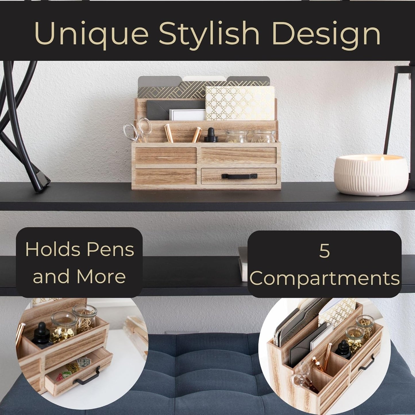 BLU MONACO | White Desktop Organizer with Drawer Storage | Tabletop Organizer with Drawers for Paper Bills Mail | Wooden Mail Organizer for Countertop Workspace | with Drawer, Bill