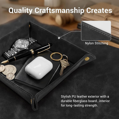 CoBak Leather Valet Tray for Men, Premium PU Leather Catch-All Tray for Entryway Table Key, Phone, Wallet, Coins & Jewelry, Bedside Nightstand Desk-top Catchall (Gray)