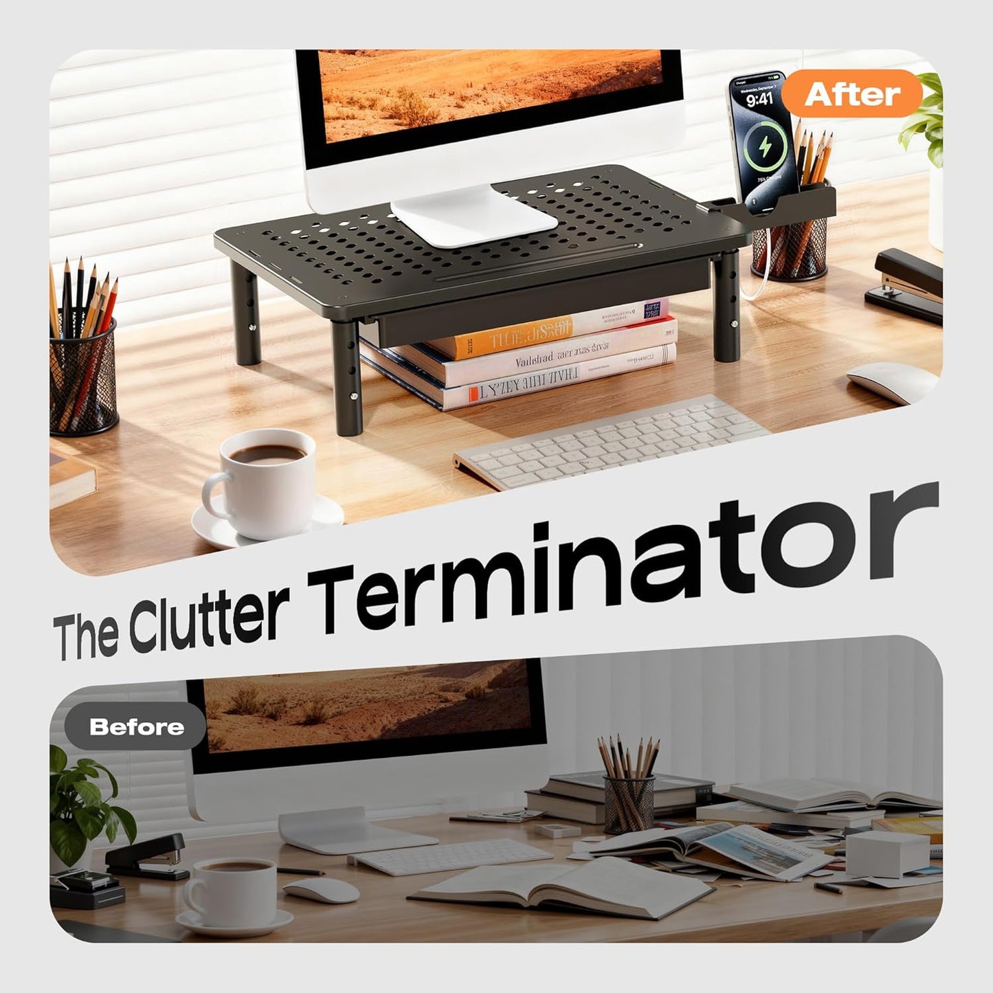 Computer Monitor Stand Riser for Desk, 3 Height Adjustable PC Laptop TV Desktop Monitor Stand Shelf, Metal Printer Table with Phone Holder, Stand Riser for Desk, Office Desk Organizers and Accessories, 2 Pack