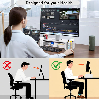 Qupui Computer Monitor Stand Riser with Drawer and Pen Holders, Desk Organizer Shelf and Accessories, Office Desk Accessories, Office Organization, Black